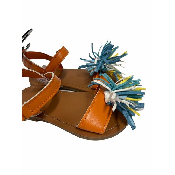 Girls Pom-Pom Sandals Orange Strap Multicolor Tassels Size 7 - Picture 2 of 3